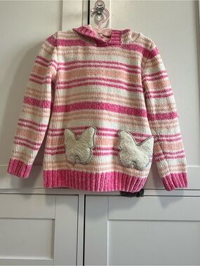 Girls Hooded Butterfly Sweater Pink Striped Cozy Knit Hoodie Size 5/6